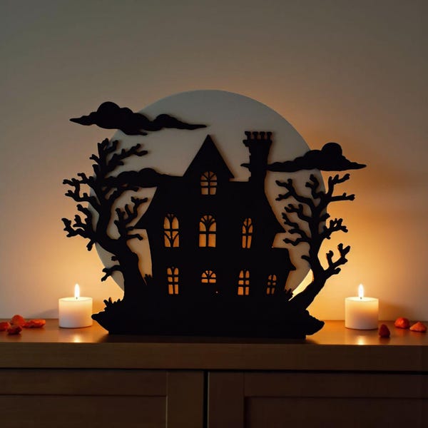 Haunted House Halloween Decoration – Spooky Tealight Candle Holder & Shadow Lamp | 3D Printed Gothic Tabletop Centerpiece, Haunted Decor