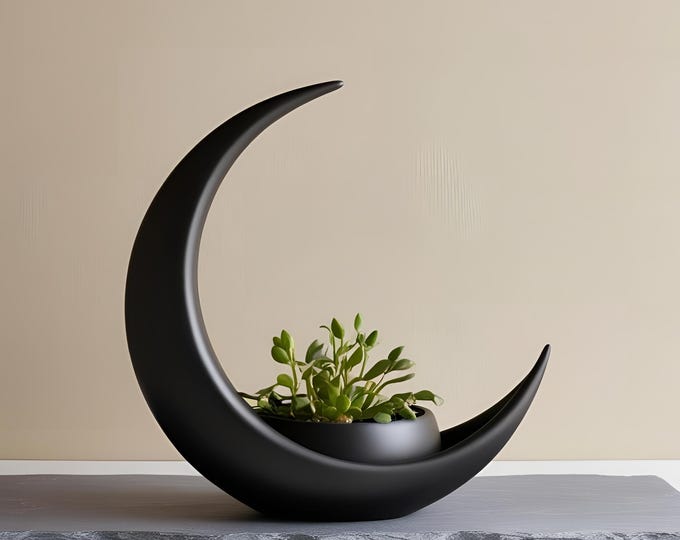 Crescent Moon Planter – Black Modern Plant Pot for Succulents, Air Plants | Minimalist Home Decor, Gothic or Boho Gift