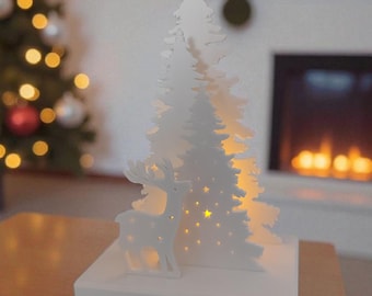Light-Up Holiday Tree & Reindeer Tabletop Décor – Minimalist Christmas Scene, 3D Printed LED Ornament, Cozy Winter Home Accent