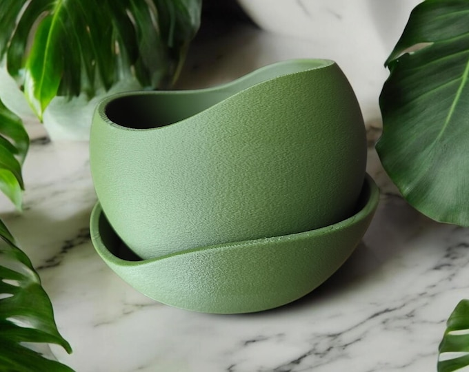 Modern Green Planter with Saucer – Minimalist 3D Printed Plant Pot, Indoor Decorative Flower Pot
