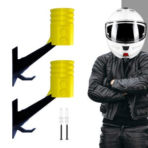 May include: Two yellow and black motorcycle helmet wall mounts. The mounts have a yellow cylindrical holder with two circular cutouts and a black angled arm with a hook. Mounting hardware is included.