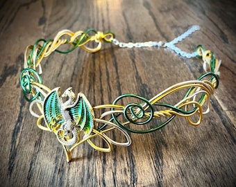 Golden Green Dragon Crown - Wire Circlet - Medival Tiara - Cosplay Viking or Elven Headband