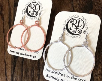 HOOPS Hammered Dangle Circle Earrings - Handmade Metal Wire Work - customize your own color