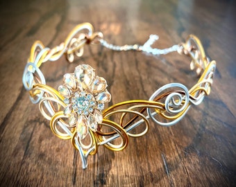 Celtic Elven Circlet - Champagne Golden Queen - Hand Wire Wrapped - Crown Tiara Bridal Wedding Rhinestone Hairpiece
