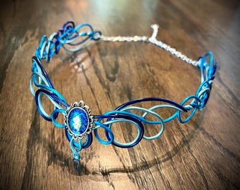 Ocean Blue Sea Fae Crown - Wire Wrapped - Mermaid Scales - Swimmable - Bridal Tiara Wedding Headband Headpiece - Elven Circlet