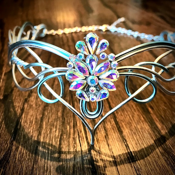 OOAK Artisan Festival Headband Whimsical Tinsel Fantasy Crown Statement Hair OS Green Woodland Fairy Tiara, Elven Antlers Crown, Fantasy  main image 4