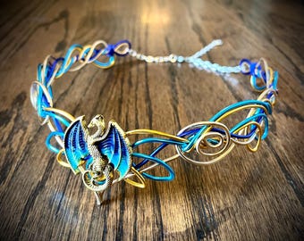 Golden Blue Dragon Crown - Wire Circlet - Medival Tiara - Cosplay Viking or Elven Headband