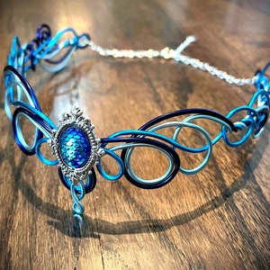 Ocean Blue Sea Fae Crown - Wire Wrapped - Mermaid Scales - Swimmable - Bridal Tiara Wedding Headband Headpiece - Elven Circlet