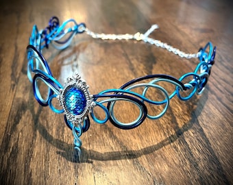 Ocean Blue Sea Fae Crown - Wire Wrapped - Mermaid Scales - Swimmable - Bridal Tiara Wedding Headband Headpiece - Elven Circlet