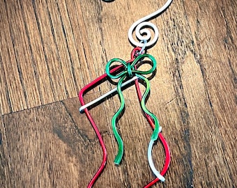 Wire Christmas Stocking with Bow Ornament - Hand Hammered Tree Hanger - Retro Holiday - choose your own colors