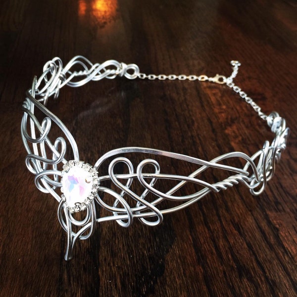 Elven Circlet Zig Zag Celtic Hand Wire Wrapped - Crown Tiara Bridal Wedding Hairpiece Iridescent rhinestone gem