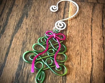 Wire Christmas Tree and Bow Ornament - Hand Hammered with hanger - Retro Holiday - choose your own colors