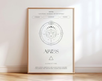 May include: A vertical rectangular wall art print in a light wood frame featuring a black and white Aries zodiac design. The print includes the text MANTRA, I AM STRONG, I AM BRAVE, I AM UNSTOPPABLE, COURAGE, LEADERSHIP, PASSION, ARIES, ELEMENT FIRE.
