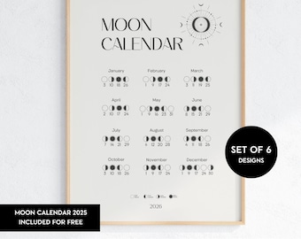 Mondphasen Kalender 2026 | 6 Verschiedene Designs | Astrologie Druck | Minimalistische Deko | Digitaler Download | Mondkalender 4 Zeitzonen