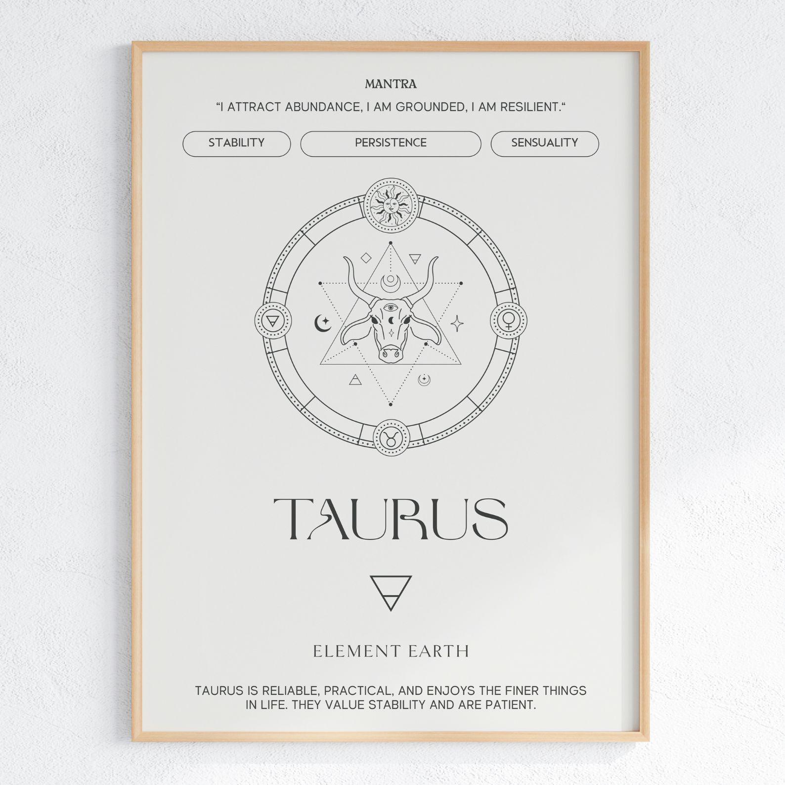 Taurus Zodiac Sign Wall Art | Poster Digital Download | Astrology Print | Aries Home Decor | Instant Download | Taurus Gift | Printable