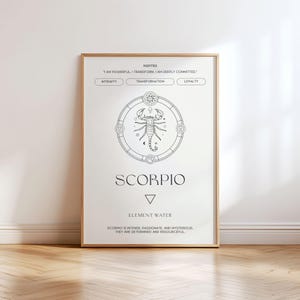 Peut inclure: Une affiche murale rectangulaire verticale présentant un motif du signe du zodiaque Scorpion en noir et blanc. L'impression affiche le texte MANTRA, I AM POWERFUL, I TRANSFORM, I AM DEEPLY COMMITTED, INTENSITY, TRANSFORMATION, LOYALTY, SCORPIO, ELEMENT WATER.