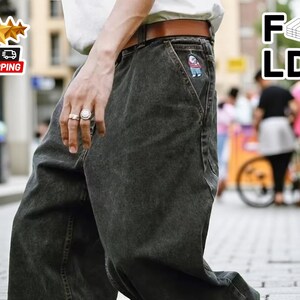 Unisex Wide Leg Jeans | Embroidered Loose Fit Denim | Y2K Retro Streetwear | Cartoon Patch Baggy Pants | Casual Vintage Trousers