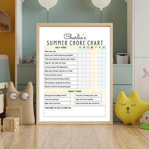 May include: A framed "Charlie's Summer Chore Chart" with daily and weekly tasks. The chart has a wooden frame and a colorful grid for tracking chores. The text includes "Make your bed", "Brush your teeth", and "Take out garbage".