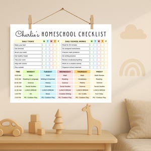 May include: A homeschool checklist titled "Charlie's Homeschool Checklist" is displayed, listing daily tasks and school work. The schedule includes subjects like Math, Reading, Science, and Art, with a wooden toy car, blocks, tree, and giraffe on a table below.