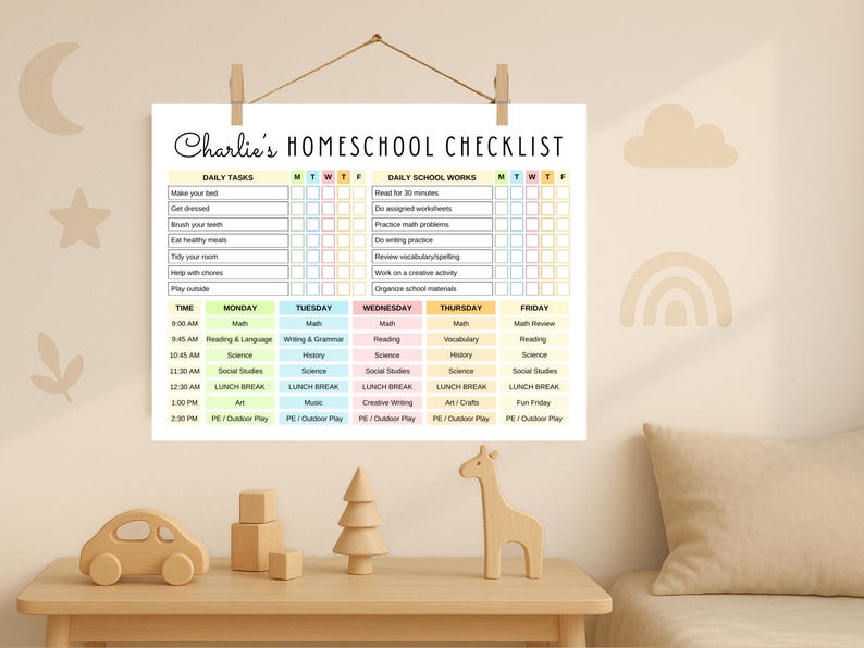 May include: A homeschool checklist titled "Charlie's Homeschool Checklist" is displayed, listing daily tasks and school work. The schedule includes subjects like Math, Reading, Science, and Art, with a wooden toy car, blocks, tree, and giraffe on a table below.
