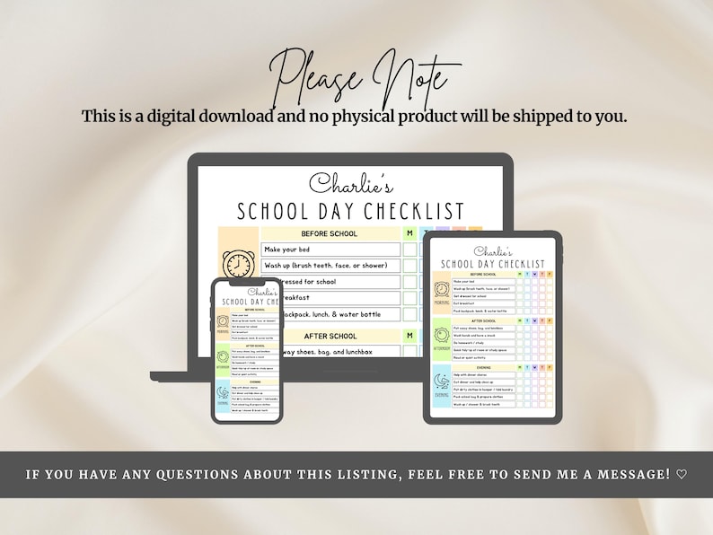 May include: A digital school day checklist for Charlie displayed on a laptop, tablet, and smartphone screen. The text reads Please Note This is a digital download and no physical product will be shipped to you and IF YOU HAVE ANY QUESTIONS ABOUT THIS LISTING, FEEL FREE TO SEND ME A MESSAGE!