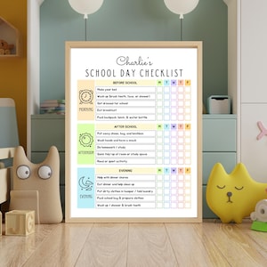 May include: A framed Charlie's School Day Checklist poster with sections for morning, afternoon, and evening tasks. The chart features icons for an alarm clock, sun, and moon, with columns for days of the week and checkboxes for tracking daily activities.