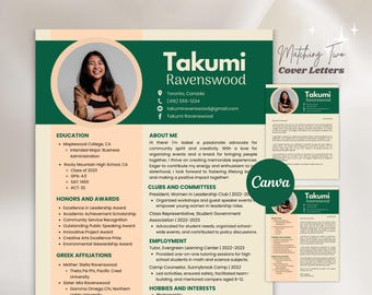 Sorority Recruitment Resume Template and Cover Letter, Unique Green Sorority Rush Pack Resume with Photo, Editable Social College Resume Kit