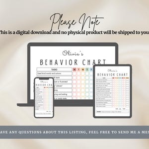 May include: Digital behavior chart displayed on a laptop, tablet, and smartphone. The chart, titled "Olivia's Behavior Chart," features a weekly grid for tracking tasks. The text "Please Note" is at the top, indicating a digital download.