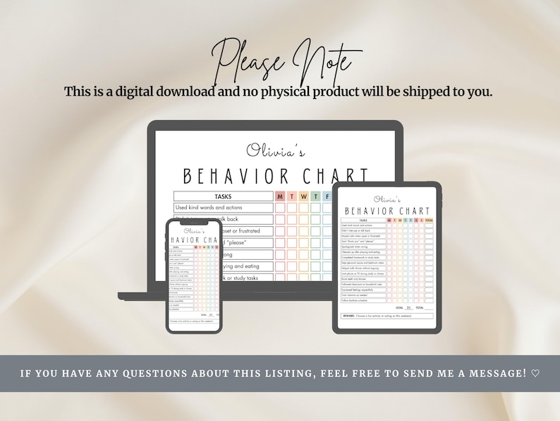 May include: Digital behavior chart displayed on a laptop, tablet, and smartphone. The chart, titled "Olivia's Behavior Chart," features a weekly grid for tracking tasks. The text "Please Note" is at the top, indicating a digital download.