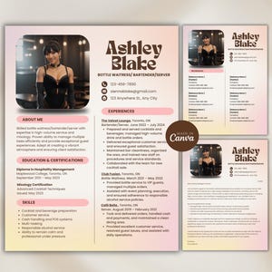 Plantilla de currículum con foto para camarera, barman o camarera de club, personalizable en Canva.