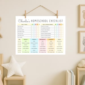 May include: A colorful homeschool checklist titled "Charlie's Homeschool Checklist" is displayed on a wall. The checklist includes daily tasks and school work, with a schedule for each day of the week. Decorative framed animal art and a stuffed bunny are also visible.