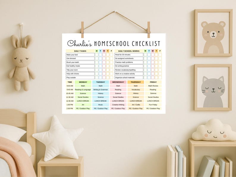 May include: A colorful homeschool checklist titled "Charlie's Homeschool Checklist" is displayed on a wall. The checklist includes daily tasks and school work, with a schedule for each day of the week. Decorative framed animal art and a stuffed bunny are also visible.