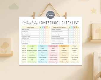 May include: A white rectangular homeschool checklist titled Charlie's HOMESCHOOL CHECKLIST. The chart features sections for daily tasks and school works with checkboxes, plus a weekly schedule grid from Monday to Friday with time slots.