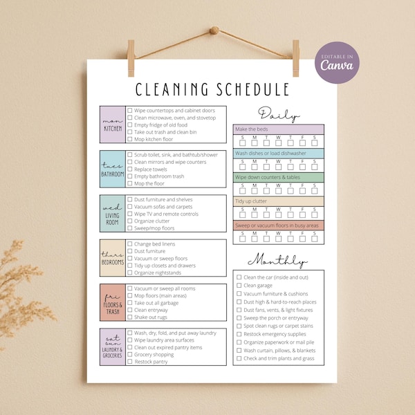 Editable Cleaning Schedule Checklist, Printable Daily, Weekly, Monthly Cleaning Schedule Planner, Household Chore Chart, Digital Download