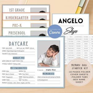 May include: A memory box starter kit with editable Canva templates. Includes folder covers, folder tabs, and a box name sheet. Features a daycare sheet with a child's photo, favorite things, and memories.