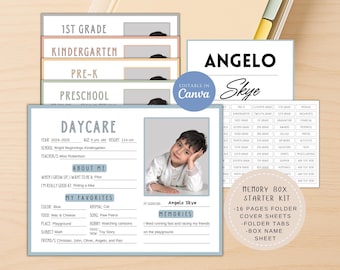 May include: A memory box starter kit with editable Canva templates. Includes folder covers, folder tabs, and a box name sheet. Features a daycare sheet with a child's photo, favorite things, and memories.