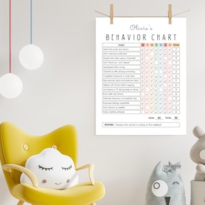 May include: A white behavior chart titled "Olivia's Behavior Chart" with a checklist of tasks for each day of the week. The chart is hanging on a wall with a yellow chair and decorative pillows in the foreground.
