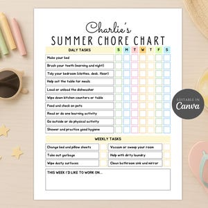 May include: A printable summer chore chart titled "Charlie's Summer Chore Chart" with daily and weekly tasks. The chart includes spaces to check off completed tasks. Sunglasses, a drink, and flip-flops are on the table.
