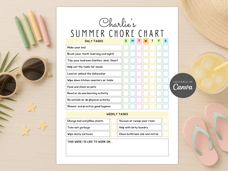 May include: A printable summer chore chart titled "Charlie's Summer Chore Chart" with daily and weekly tasks. The chart includes spaces to check off completed tasks. Sunglasses, a drink, and flip-flops are on the table.