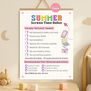 Kids Summer Screen Time Checklist, Daily Summer Screentime Rules Chart Tracker, Editable Chore Chart for Kids Instant Digital Download