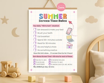 Kids Summer Screen Time Checklist, Daily Summer Screentime Rules Chart Tracker, Editable Chore Chart for Kids Instant Digital Download