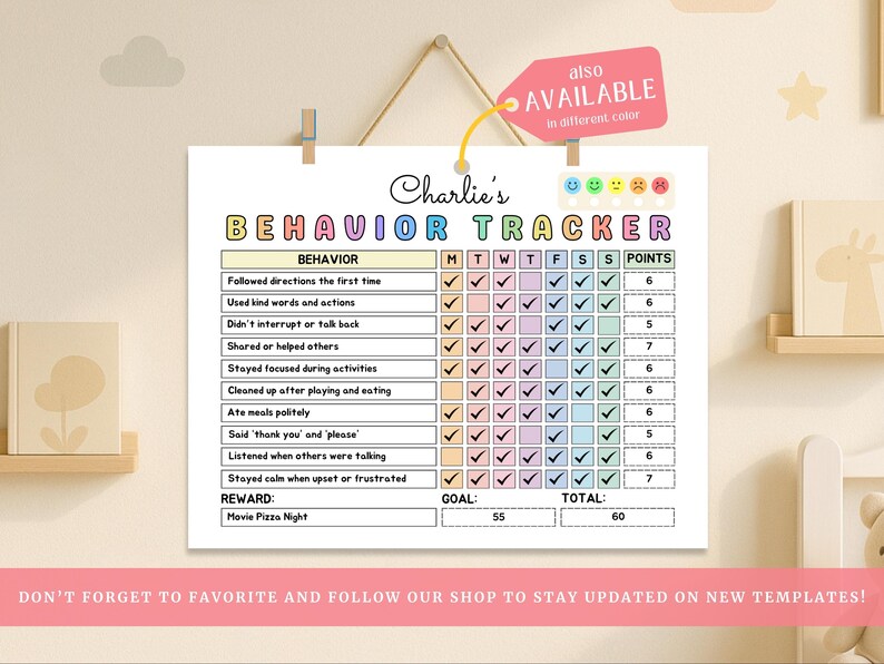 Behavior Checkboxes Editable Behavior and Chore Chart for Kids at Home or School, Behavior ...