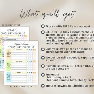 May include: A digital school day checklist template featuring sections for morning, afternoon, and evening tasks. The design includes icons for a clock, sun, and moon, with columns for days of the week. Text includes 'What you'll get', 'School Day Checklist', and 'US Letter (8.5 x 11 in)'.