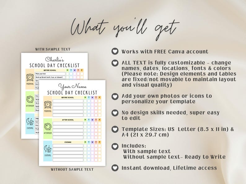 May include: A digital school day checklist template featuring sections for morning, afternoon, and evening tasks. The design includes icons for a clock, sun, and moon, with columns for days of the week. Text includes 'What you'll get', 'School Day Checklist', and 'US Letter (8.5 x 11 in)'.