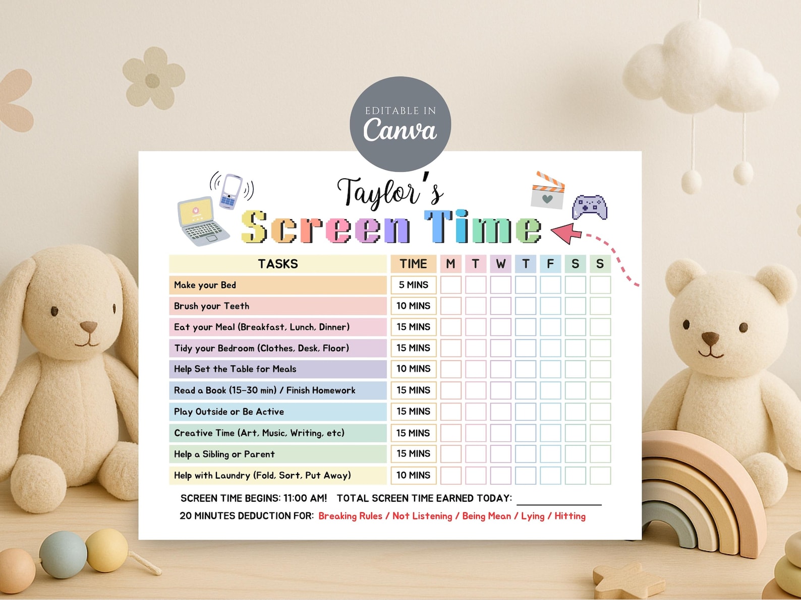 Editable Kids Screentime Checklist Printable Daily Screen Time Chart ...