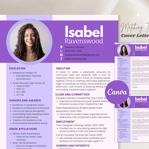 Plantilla de currículum de hermandad con foto morada, personalizable, Canva Rush, currículum social y carta de presentación, plantilla de paquete de reclutamiento para currículum universitario