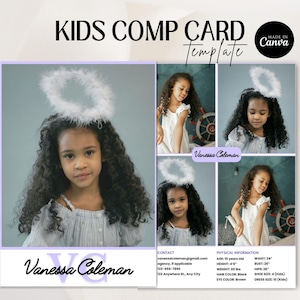 May include: A light blue comp card template for a child model. The card features a photo of the child with a halo, along with contact information and physical measurements. The text on the card reads "Vanessa Coleman".
