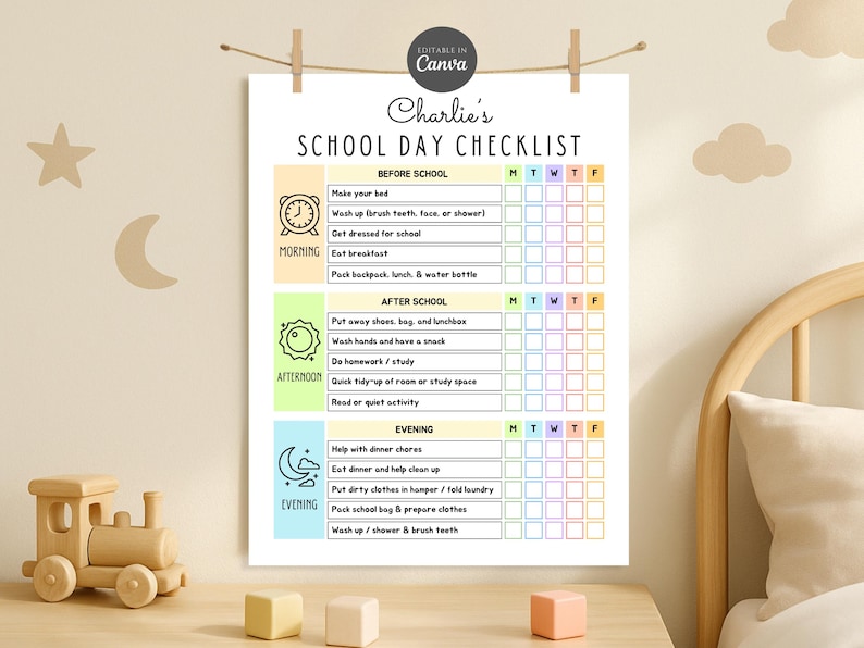 May include: A printable school day checklist titled Charlie's School Day Checklist, organized into morning, afternoon, and evening sections with tasks and checkboxes for each day of the week. The design features icons for an alarm clock, sun, and moon.