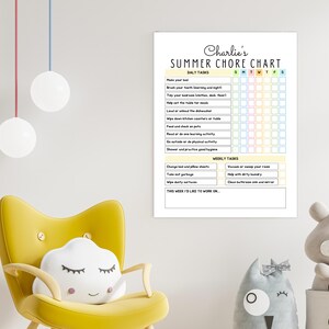 May include: A colorful summer chore chart titled "Charlie's Summer Chore Chart" with daily and weekly tasks. The chart is displayed on a white wall next to a yellow chair with a cloud pillow and stuffed animals.