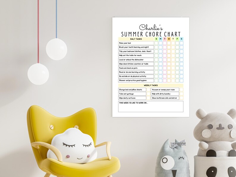 May include: A colorful summer chore chart titled "Charlie's Summer Chore Chart" with daily and weekly tasks. The chart is displayed on a white wall next to a yellow chair with a cloud pillow and stuffed animals.